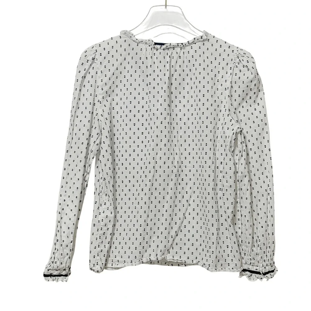 LOFT - Size Medium‎ - White Navy Blue Clip Dot Ruffle V-Neck Blouse Top